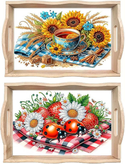 DoxQcs DIY Diamond Art Wooden Food Tray with Handle Diamond Painted Table Decoration Tray for Breakfast Bar Dinner Table Diamonds Art Painting for Beginners-2PCS