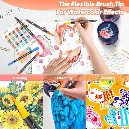 Caliart 72 Colors Double Tip Brush Pens Art Markers, Artist Fine & Brush Pen Coloring Markers for Adult Book Cards Drawing Craft Kit Teacher Office Supplies