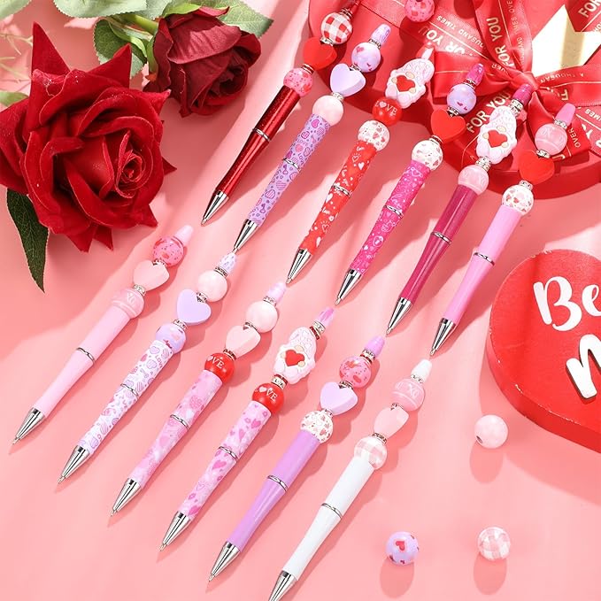 Geyee 12 Set Plastic Beadable Pens Assorted Bead Pens Crystal Wood Round Spacer Set Black Ink DIY Ballpoint for Women Men Gift Office Supplies(Heart)