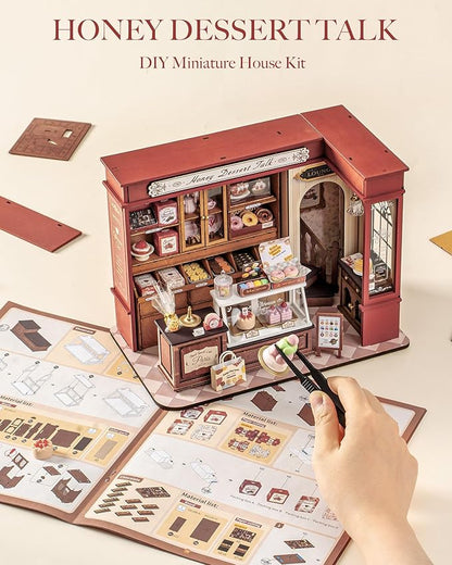 Rolife DIY Dollhouse Miniature House Kit 1:18 Vintage French Dessert Shop, Wooden Diorama Model Kit Mini House to Build with LED, Arts and Crafts for Adults Home Decor Creative Gift for Boys Girls