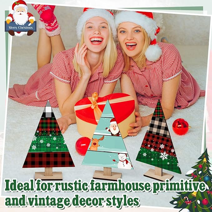 Soaoo 8 Pcs Christmas Standing Wood Pallet 11.81" x 7.48" Christmas Tree Unfinished DIY Wooden Ornaments Kit Rustic Wooden Crafts 12 Colors Pigment Palettes and Paint Brushes