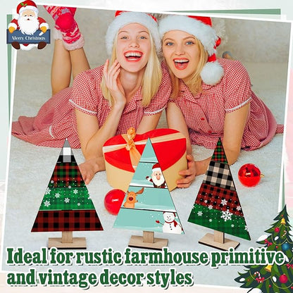 Soaoo 8 Pcs Christmas Standing Wood Pallet 11.81" x 7.48" Christmas Tree Unfinished DIY Wooden Ornaments Kit Rustic Wooden Crafts 12 Colors Pigment Palettes and Paint Brushes