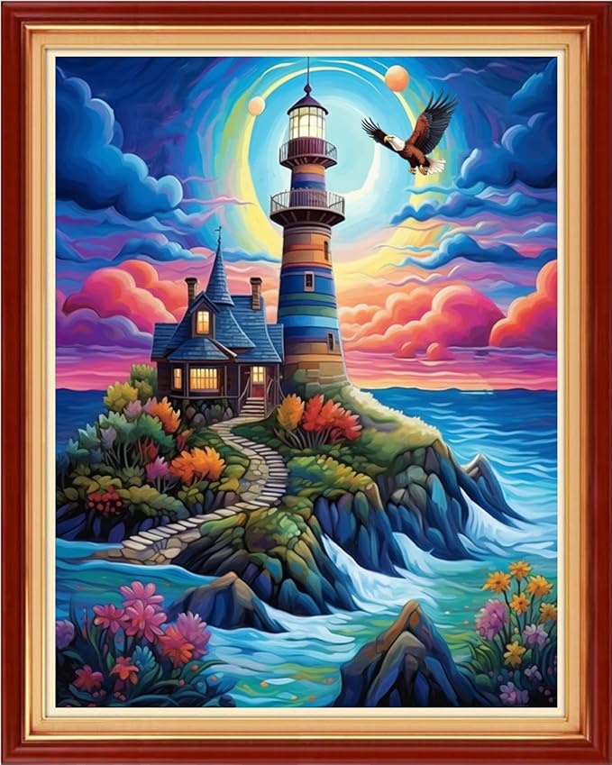 Foxhool Stamped Cross Stitch Kits,11CT Printed Cross Stitch Pattern Full Embroidery Kits for Beginner Needlepoint Kits-Seaside Lighthouse 16x20 inchs