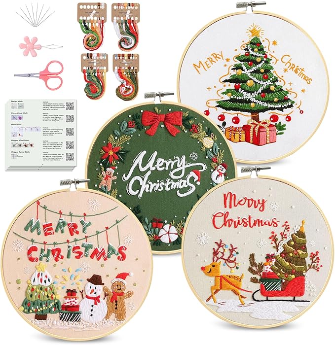 Santune 4 pcs Christmas Embroidery kit with Patterns Instructions Needlepoint Cross Stitch Kits for Beginners Adult,4 Embroidery,2 Hoops,Colored Threads Scissors and Needles,Merry Christmas