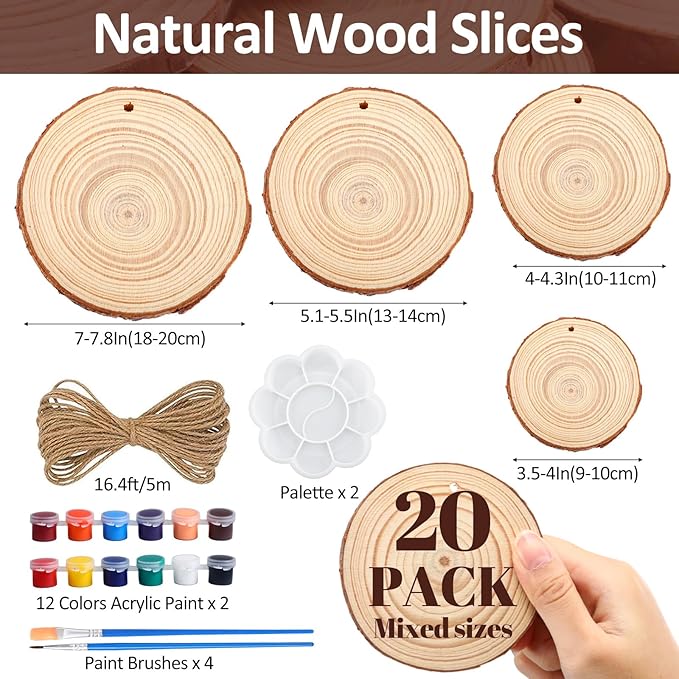 Kathfly 20 Pcs Unfinished Wood Slice with Hole for Centerpieces 3.5-8 Inch 4 Sizes Natural Wood Craft Kit Round Wooden Discs with Paint Brush Palette DIY Craft Christmas Ornament Wedding Home Decor