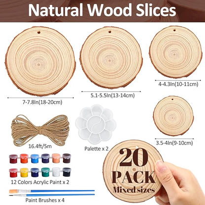 Kathfly 20 Pcs Unfinished Wood Slice with Hole for Centerpieces 3.5-8 Inch 4 Sizes Natural Wood Craft Kit Round Wooden Discs with Paint Brush Palette DIY Craft Christmas Ornament Wedding Home Decor