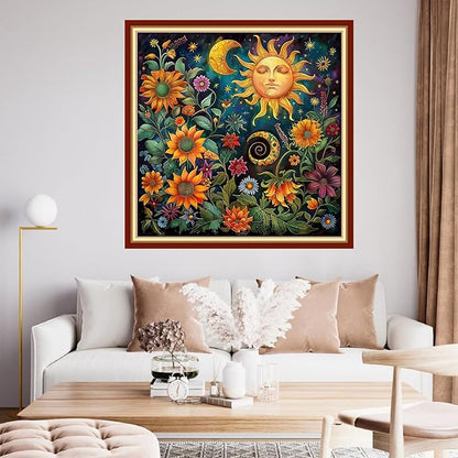 Funchey Stamped Cross Stitch Kits, DIY Cross Stitch Pattern for Adults Beginners Needlepoint Kits Embroidery Kit Arts and Crafts 11CT& Magic Sun Moon Flowers 18x18 inchs