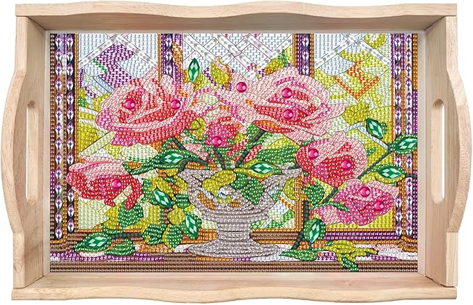 DIY Diamond Art Wooden Tray Kit, Food Tray with Handle, Diamond Painted Table Decoration for Breakfast, Bar Dinner Table, Diamond Dots Gem Painting Art Set for Beginners (#06-Rose)