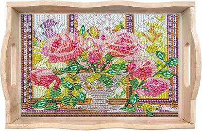 DIY Diamond Art Wooden Tray Kit, Food Tray with Handle, Diamond Painted Table Decoration for Breakfast, Bar Dinner Table, Diamond Dots Gem Painting Art Set for Beginners (#06-Rose)