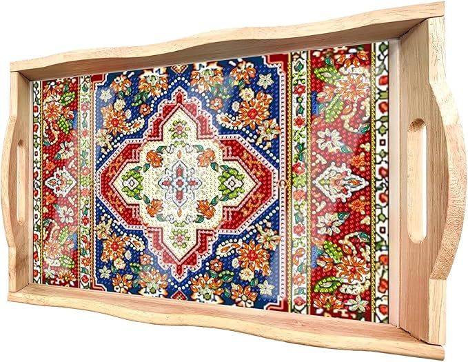 DOTSOPS 5D Diamond Art Kits for Adults Wooden Serving Tray with Handle Special Diamond Painting Plate Big Gem Dots Paint by Numbers Crafts Kits for Living Room Mandala 12 x 16 Inches
