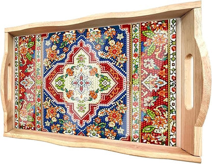 DOTSOPS 5D Diamond Art Kits for Adults Wooden Serving Tray with Handle Special Diamond Painting Plate Big Gem Dots Paint by Numbers Crafts Kits for Living Room Mandala 12 x 16 Inches