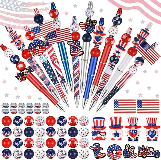 Geyee 12 Set Plastic Beadable Pens Assorted Bead Pens Crystal Wood Round Spacer Set Black Ink DIY Ballpoint for Women Men Gift Office Supplies(American Flag)