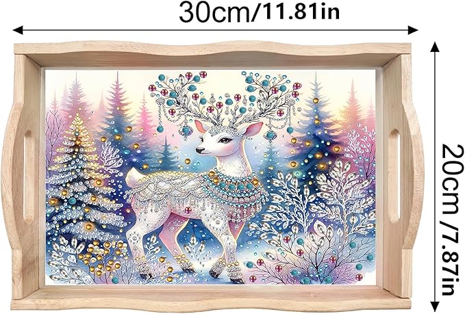 DIY Diamond Art Painting Wooden Tray Kit With Handle, Food Tray for Breakfast, Bar Dinner Table Decoration, Diamond Dots Gem Painting Art Set for Beginners - Christmas Elk