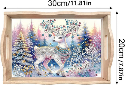 DIY Diamond Art Painting Wooden Tray Kit With Handle, Food Tray for Breakfast, Bar Dinner Table Decoration, Diamond Dots Gem Painting Art Set for Beginners - Christmas Elk