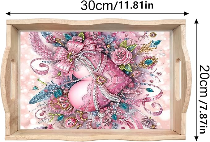 DIY Diamond Art Wooden Tray Kit, Food Tray with Handle Diamond Painted Table Decoration Tray, for Breakfast, Bar Dinner Table Diamond Dots Gem Painting Art Set for Beginners-#33-Pink Heart