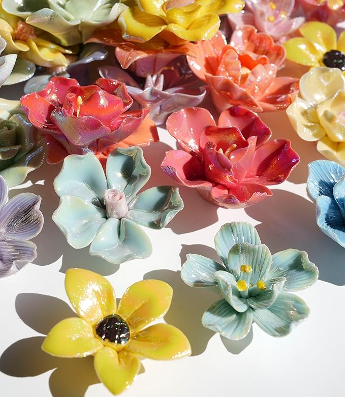 Lanyani Ceramic Flower Mosaic Tiles for Crafts, Sparkly Iridescent 3D Blossom Porcelain Glass Tile Pieces for Mosaic Art, 20 Pieces of Vibrant Color and Variety Design