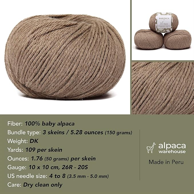 100% Baby Alpaca Yarn Wool Set of 3 Skeins (150 Grams) DK Weight - Made in Peru - Heavenly Soft and Perfect for Knitting and Crocheting (Beige, DK)