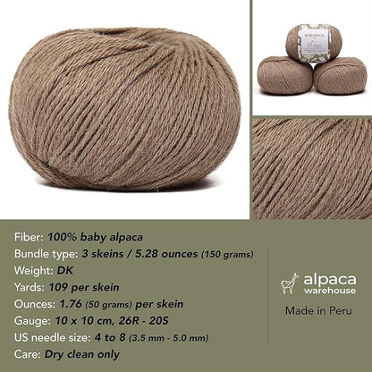 100% Baby Alpaca Yarn Wool Set of 3 Skeins (150 Grams) DK Weight - Made in Peru - Heavenly Soft and Perfect for Knitting and Crocheting (Beige, DK)