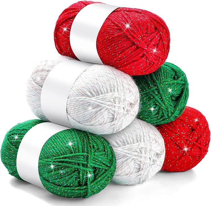 Timgle 6 Pcs Skeins Christmas Yarn for Crocheting 186 Yard Christmas Glitter Yarn Soft Each 100g/ 3.53 oz Knitting Crocheting Gift Craft Project Assorted Starter (Red Green White)