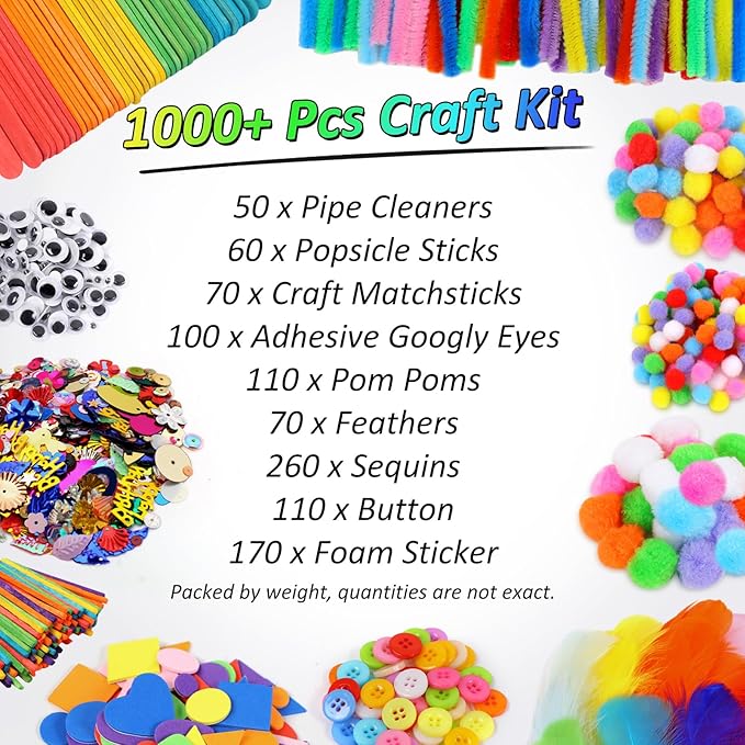 Phinus Craft Supplies Set - 9 Types of Arts & Crafts Materials, Unisex, 1000+ Pcs Kit, Suitable for Classroom, Family, Party, DIY, Art Creation & Decoration