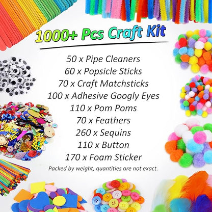Phinus Craft Supplies Set - 9 Types of Arts & Crafts Materials, Unisex, 1000+ Pcs Kit, Suitable for Classroom, Family, Party, DIY, Art Creation & Decoration