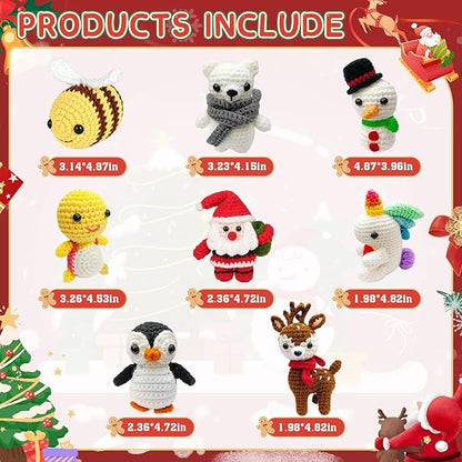 Hebuck 8Pcs Crochet Kit for Beginners, Easy Christmas Knitting Kit for Crochet Lovers, Beginner Crochet Kit for Adults, Crochet Animal Kits with Step by Step Videos Tutorials
