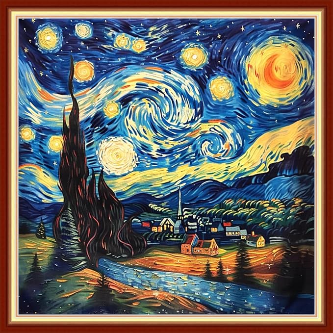 Foxhool Stamped Cross Stitch Kits,11CT Printed Cross Stitch Pattern Full Embroidery Kits for Beginner Needlepoint Kits-Van Gogh Night Sky 18x18 inchs