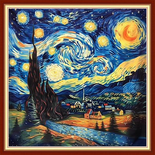 Foxhool Stamped Cross Stitch Kits,11CT Printed Cross Stitch Pattern Full Embroidery Kits for Beginner Needlepoint Kits-Van Gogh Night Sky 18x18 inchs