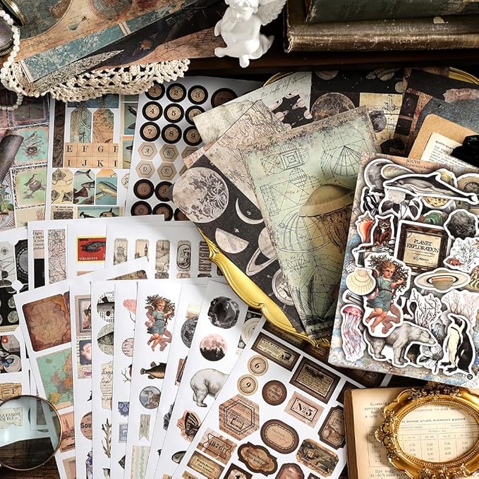 Prstincol Vintage Aesthetic Washi Stickers and Papers for Scrapbooking,40 Sheets Ephemera Book for Art Journaling with Celestial and Ocean Theme Stickers and Decoupage Papers for Junk Journal