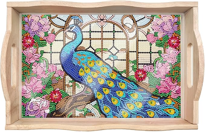 DIY Diamond Art Wooden Tray Kit, Food Tray with Handle Diamond Painted Table Decoration Tray, for Breakfast, Bar Dinner Table Diamond Dots Gem Painting Art Set for Beginners (#03-Peafowl)