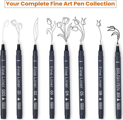 NOTEFUL Fineliner Pens - Black Micro Pens for Writing, Drawing & Journaling – Archival Waterproof Ink – Precision Art Pens for Sketching, Outlining & Detailing (2 Count (Pack of 8))