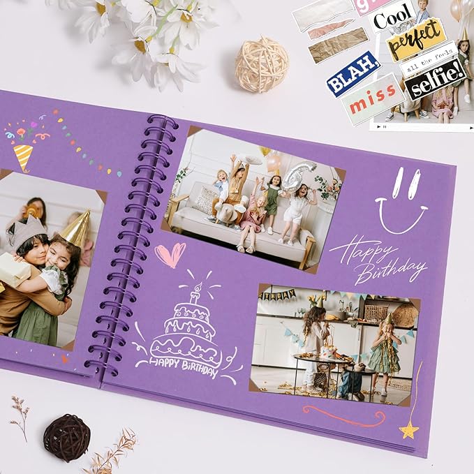 Scrapbook Album 8x8 Inches Photo Album Hardcover Kraft with Window Scrap Book Blank Memory Book for Baby Wedding Guest Book Couples Graduation Travel DIY Anniversary, 40 Pages Purple