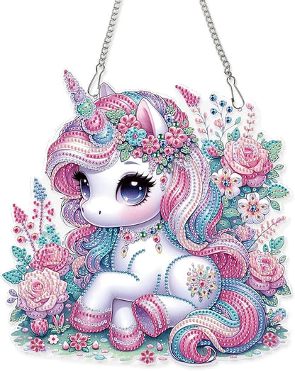 AiYuanzsh Unicorn Diamond Painting Hanging Decoration – 5D DIY Large Diamond Art Kit for Adults, Pink Fantasy Unicorn Resting in Floral Meadow, 24.5 x 25cm Wall Ornament for Room, Gift & Home Decor