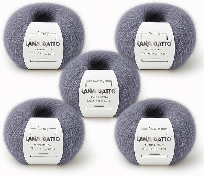 5 Skeins, Silk Mohair Luxury Yarns, Premium and Soft Blend for Knitting and Crocheting, Made in Italy (Gray - 30480, 5)