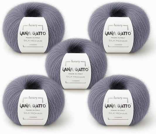 5 Skeins, Silk Mohair Luxury Yarns, Premium and Soft Blend for Knitting and Crocheting, Made in Italy (Gray - 30480, 5)
