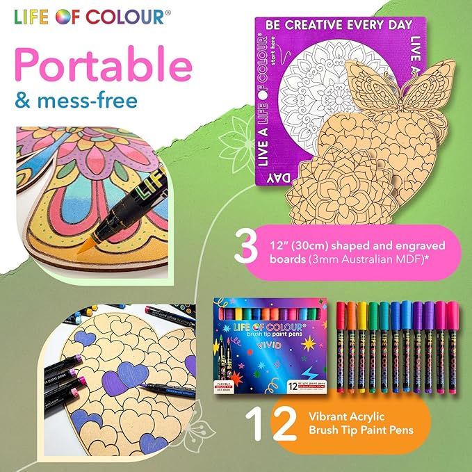 Life of Colour Painting Kit - Color Your Own Set of 3 Shaped Boards with 12 Life of Color Acrylic Paint Pens No Mess DIY Art and Crafts for Adults - Stunning Works of Art for Decorative Display