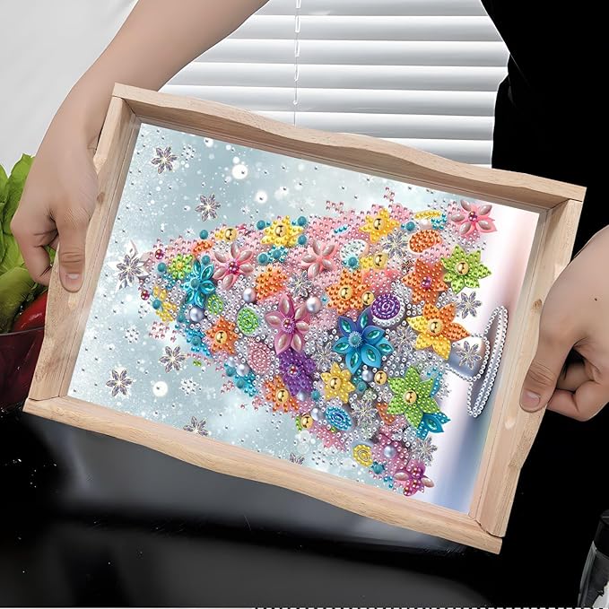 DIY Diamond Art Wooden Tray Kit, Food Tray with Handle Diamond Painted Table Decoration Tray, for Breakfast, Bar Dinner Table Diamond Dots Gem Painting Art Set for Beginners-#34-Christmas Tree