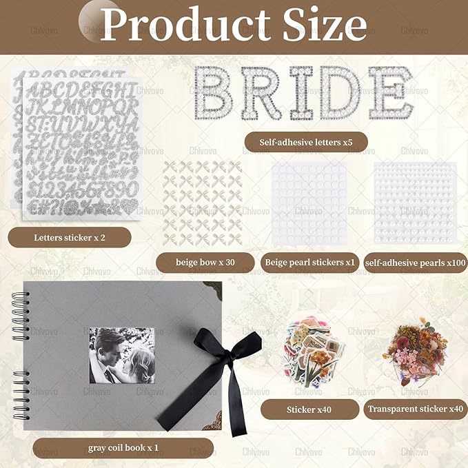 Scrapbook, 8x12 inch Wedding Scrapbook, Black DTY Guest Scrapbook Album with Pearl Stickers, Meta1 Letters and Bows, Blank Scrapbook