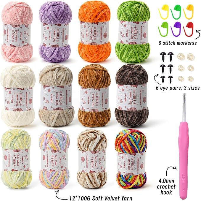12 Pack Chenille Chunky Yarn - Baby Yarn for Crocheting Soft - Red Purple Green Pink Gray Blue Black White Velvet Yarns Crochet Blanket - Amigurumi Yarns Pack with Crochet Accessories G