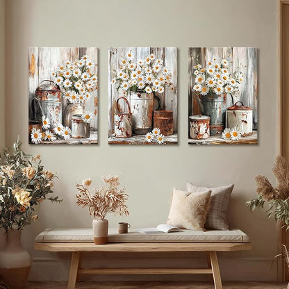 WENGTIAO 3Pcs Rustic Daisy Canvas Wall Art Fall Flower Prints Posters Vintage Country Flora Paintings Pictures Nature Botanical Artwork for Bedroom Living Room Bathroom 20x28x3