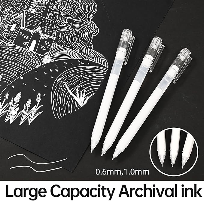 GETHPEN White Gel Pens,0.6/1.0mm Fine Point Gel Ink Pens,Opaque White Ink Pens for Black Paper Drawing, Sketching, Illustration, Card Making, Bullet Journaling,Pack of 6