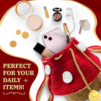 SGIBYN Crochet Kit for Beginners with Step-by-Step Video Tutorials,Cute Mushroom Crossbody Purse Bag Starter Crochet Kit for Women Knitting Kits Learn to Crochet Set (Mushroom Bag)