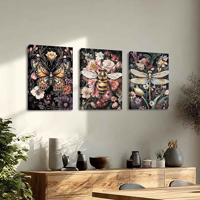 WENGTIAO 3Pcs Vintage Insect Canvas Wall Art Gothic Dark Flower Prints Bee Butterfly Dragonfly Pictures Nature Plant Paintings Artwork for Living Room Bathroom Bedroom 16x24x3