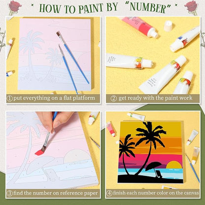 Nezyo 12 Sets Paint by Numbers Kit with Frame for Adult Beginners, Paint by Number DIY Acrylic Painting Canvas for Painting Party, Classroom Activity Birthday Gift, 8 x 8 Inch