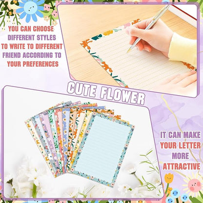 TaoBary 160 Pcs Stationery Paper Set 50 Double Sided Stationery Papers with 50 Matching Envelopes and 60 Round Dot Sticker, 10 Design(Kawaii,5.5 x 8.25 Inch)