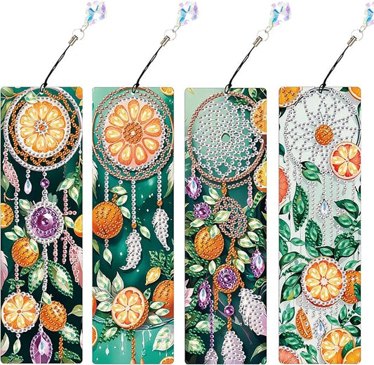 4 Pcs Diamond Painting Bookmarks, DIY Orange and Dreamcatcher Diamond Art Bookmark Kits for Adults, Rhinestone Drill Fruit Bookmarks with Tassels for Beginners