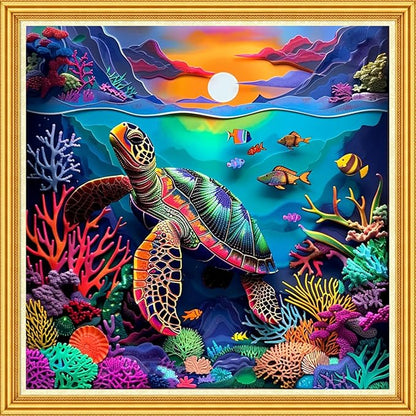 Joyhoor Stamped Cross Stitch Kits for Beginners Needlepoint Kits for Adults Embroidery Kits 11CT Counted Cross Stitch Kits Printed Embroidery Pattern-Sunrise Colorful Sea Turtle 18x18 inch