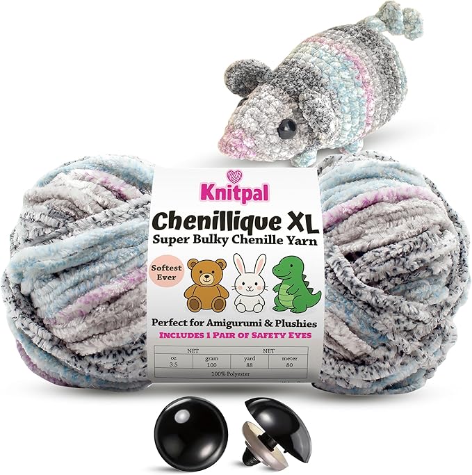 Chenillique XL Super Bulky Chenille Yarn – 100g Skein (88 Yards) + Safety Eyes + Free Plushie Pattern – Plush Polyester Yarn for Amigurumi, Crochet & Knitting - Orchid Mist