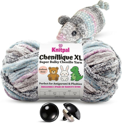 Chenillique XL Super Bulky Chenille Yarn – 100g Skein (88 Yards) + Safety Eyes + Free Plushie Pattern – Plush Polyester Yarn for Amigurumi, Crochet & Knitting - Orchid Mist