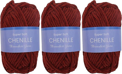 3 Pack ThreadArt Chenille Yarn for Crocheting, Knitting, Amigurumi, Super Soft Plush Velvet Yarn - 50 Gram 60 yds #5 Fluffy Yarn Skeins - Burgundy 30
